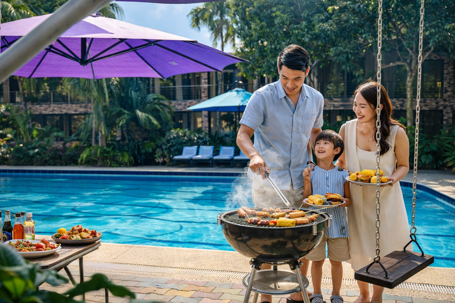 Happy family grilling food beside the swimming pool during an outdoor gathering at Wondellea Cafe & Resort, Silang Cavite.