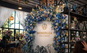 Floral entrance at a garden wedding venue with elegant décor.