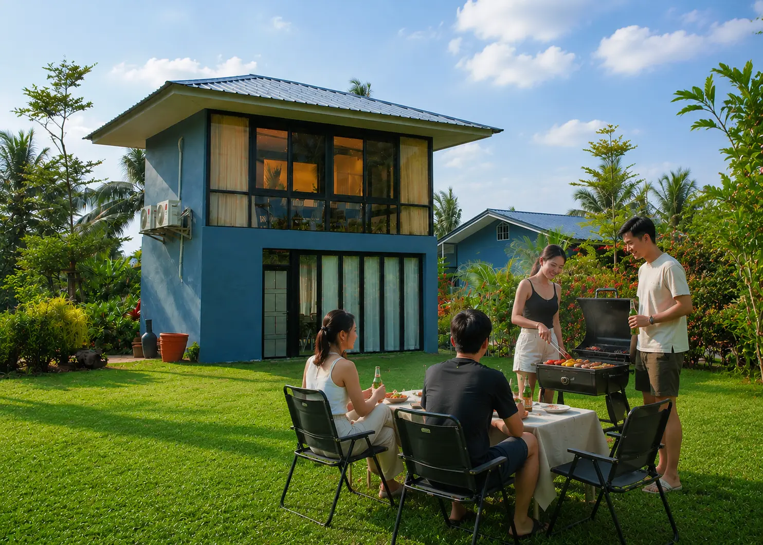 Guests enjoying a barbeque party on the lawn in front of the beautiful garden villa surrounded by lush greenery at Wondellea Cafe & Resort, Silang Cavite.