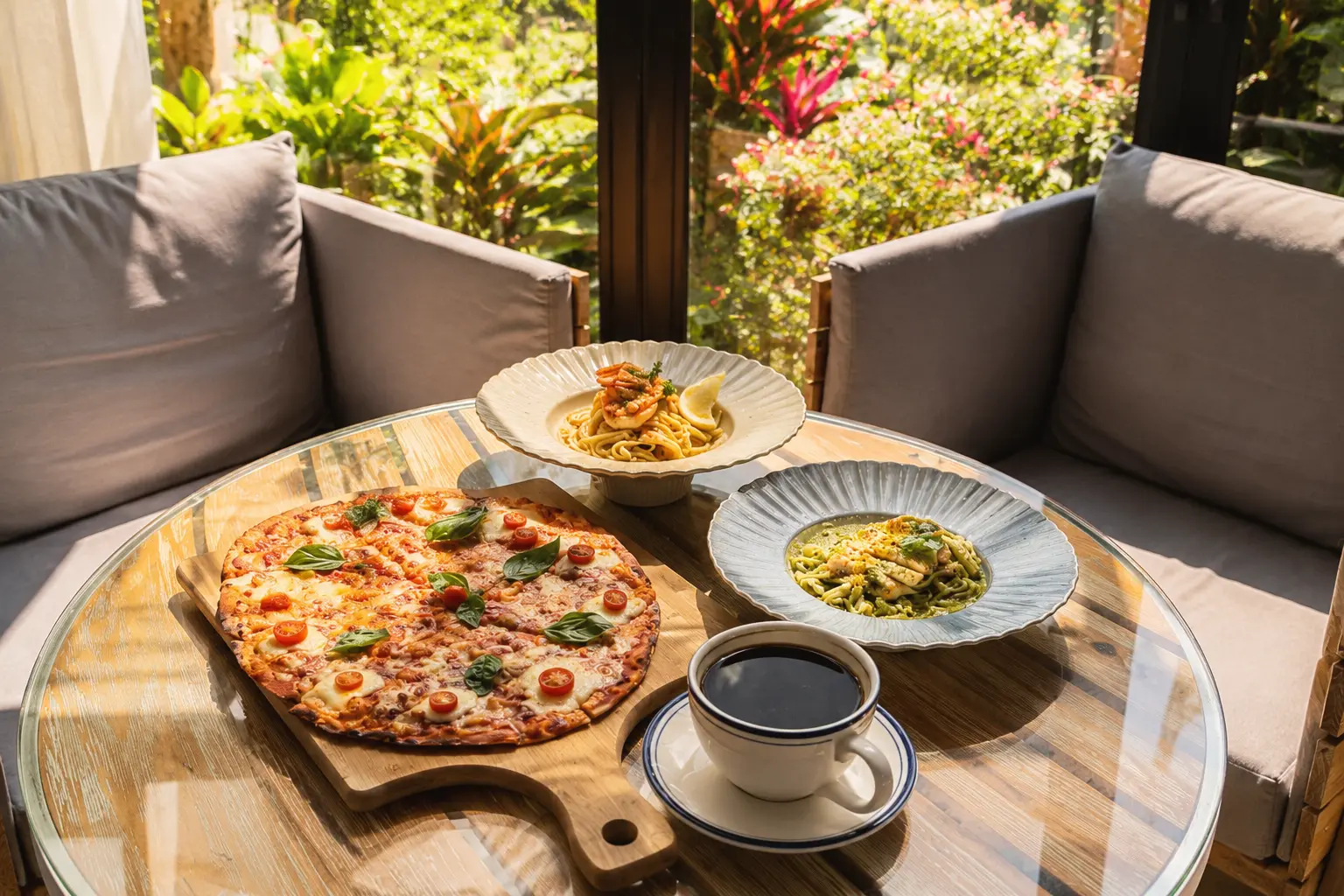 Restaurant in Silang Cavite serving pizza, pasta, and coffee with a relaxing garden view