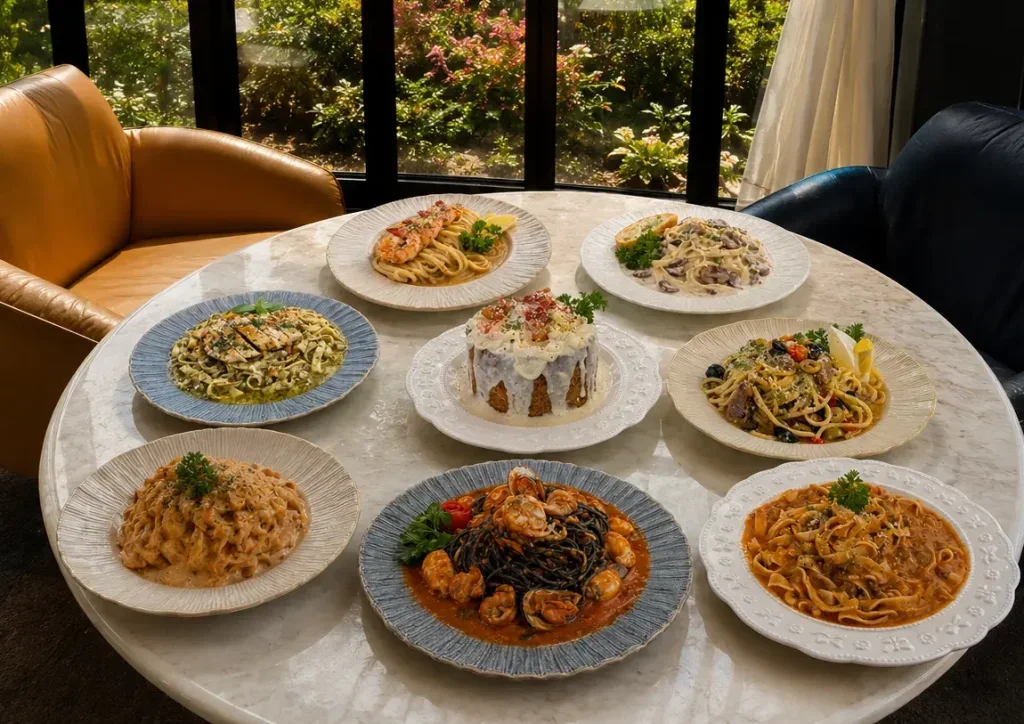 Fresh pasta dishes served at a coffee shop near me open for dining and café favorites