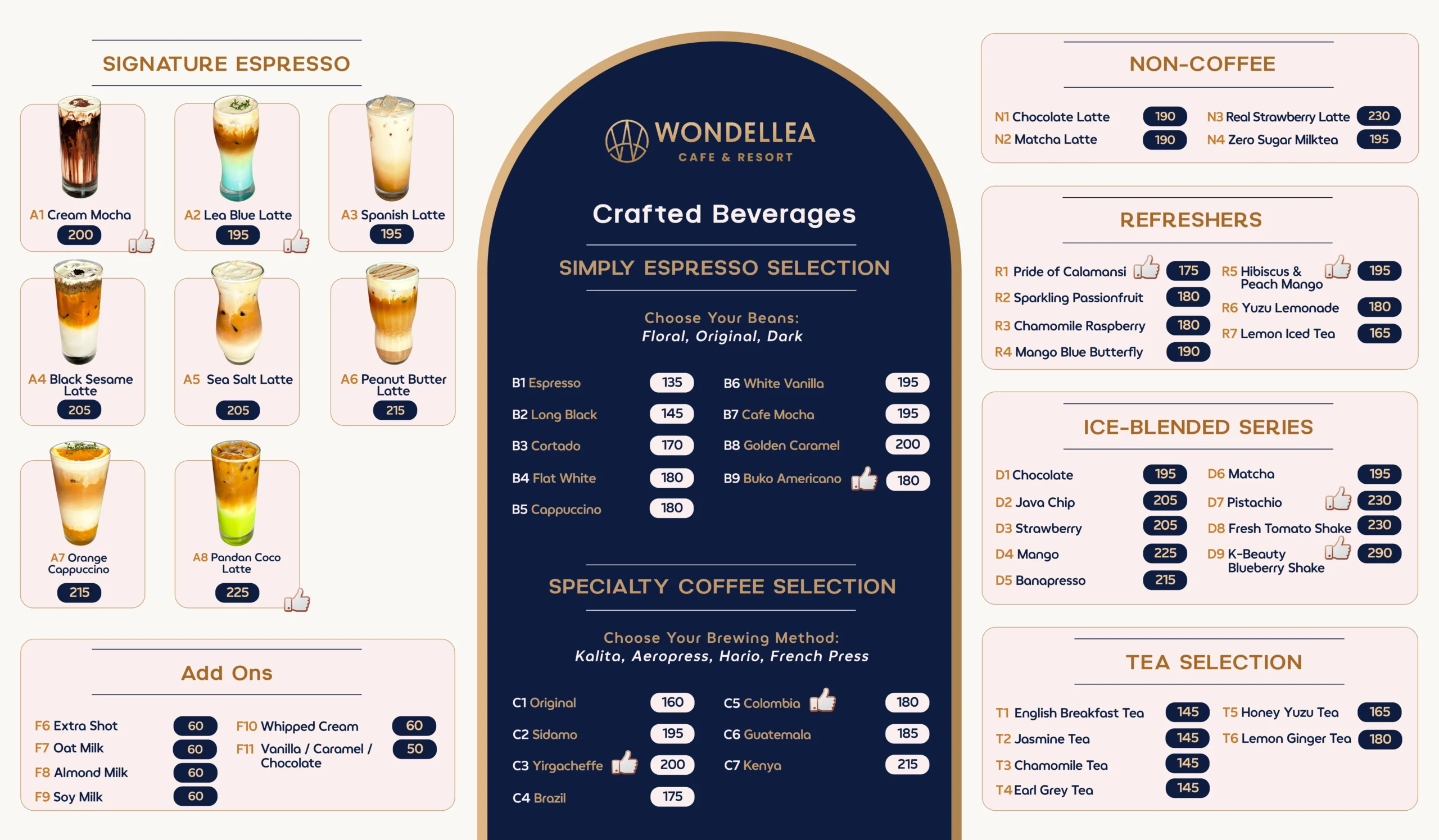 Wondellea Cafe Menu featuring starters, pasta, rice meals, pizza, and seafood