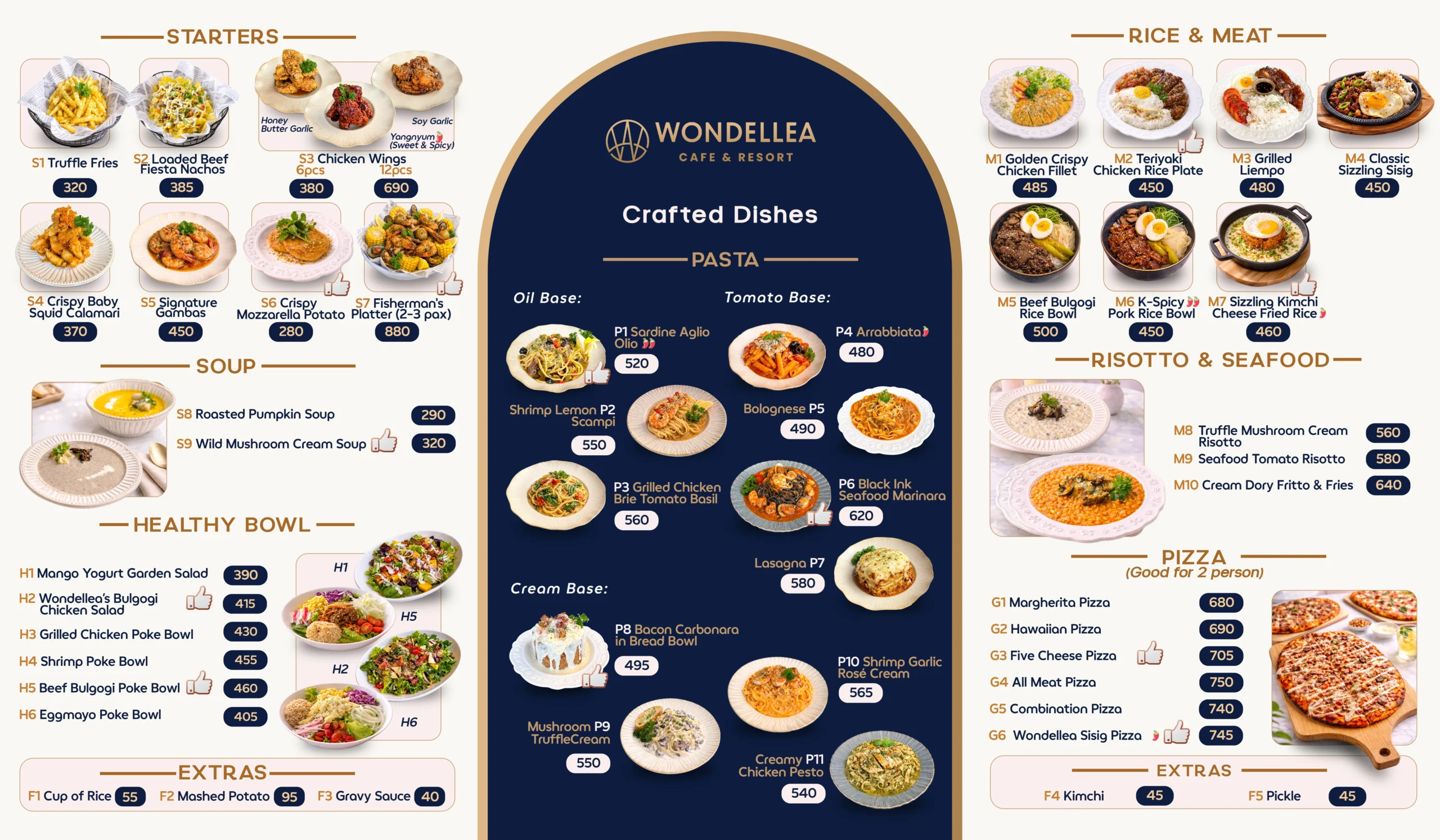 Wondellea Cafe Menu featuring starters, pasta, rice meals, pizza, and seafood