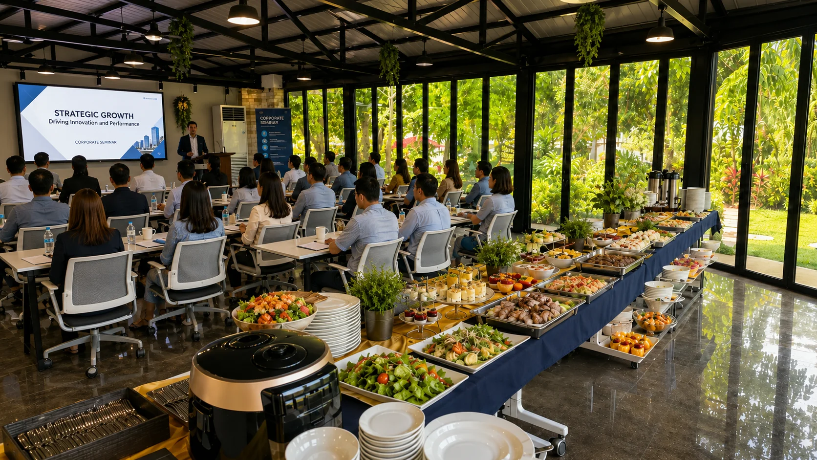 Corporate seminar setup at an event place in Cavite with pool, buffet, and garden views.