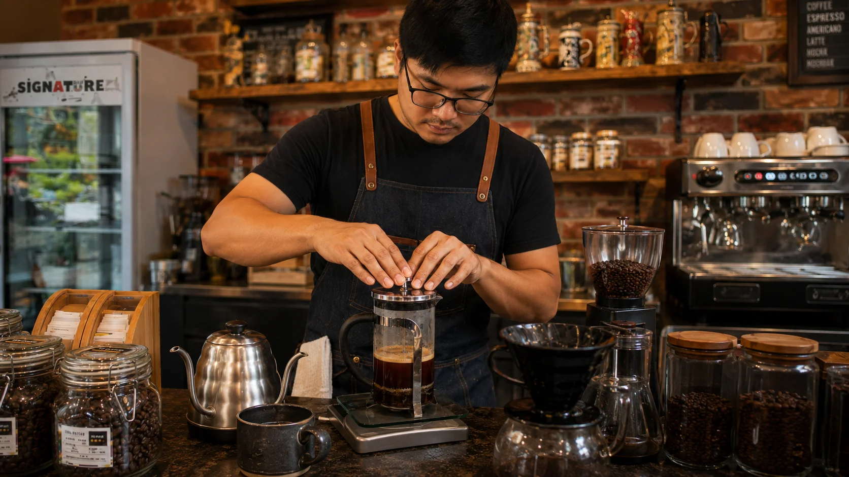 French Press Brewing method - wondellea cafe Barista brewing French press coffee at the best coffee shop in Cavite