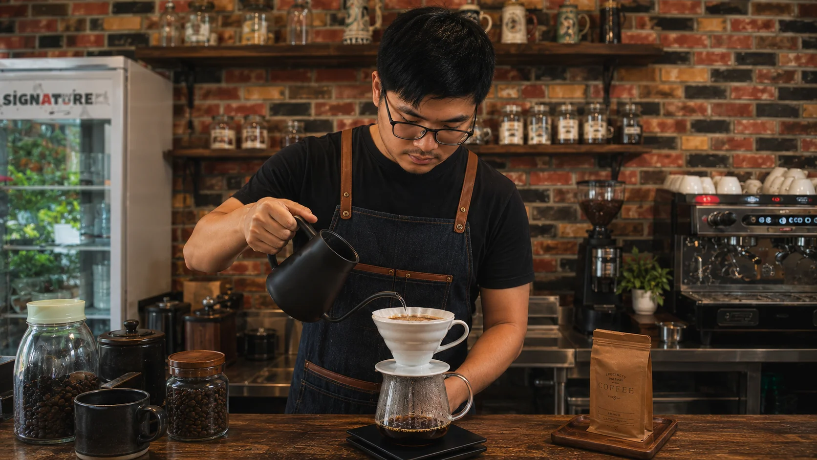 Hario brewing method - wondellea cafe Barista making Hario pour-over coffee at the best coffee shop in Cavite