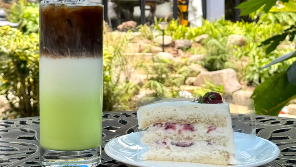 Iced coffee and strawberry cake at Wondellea hotel in Silang Cavite.