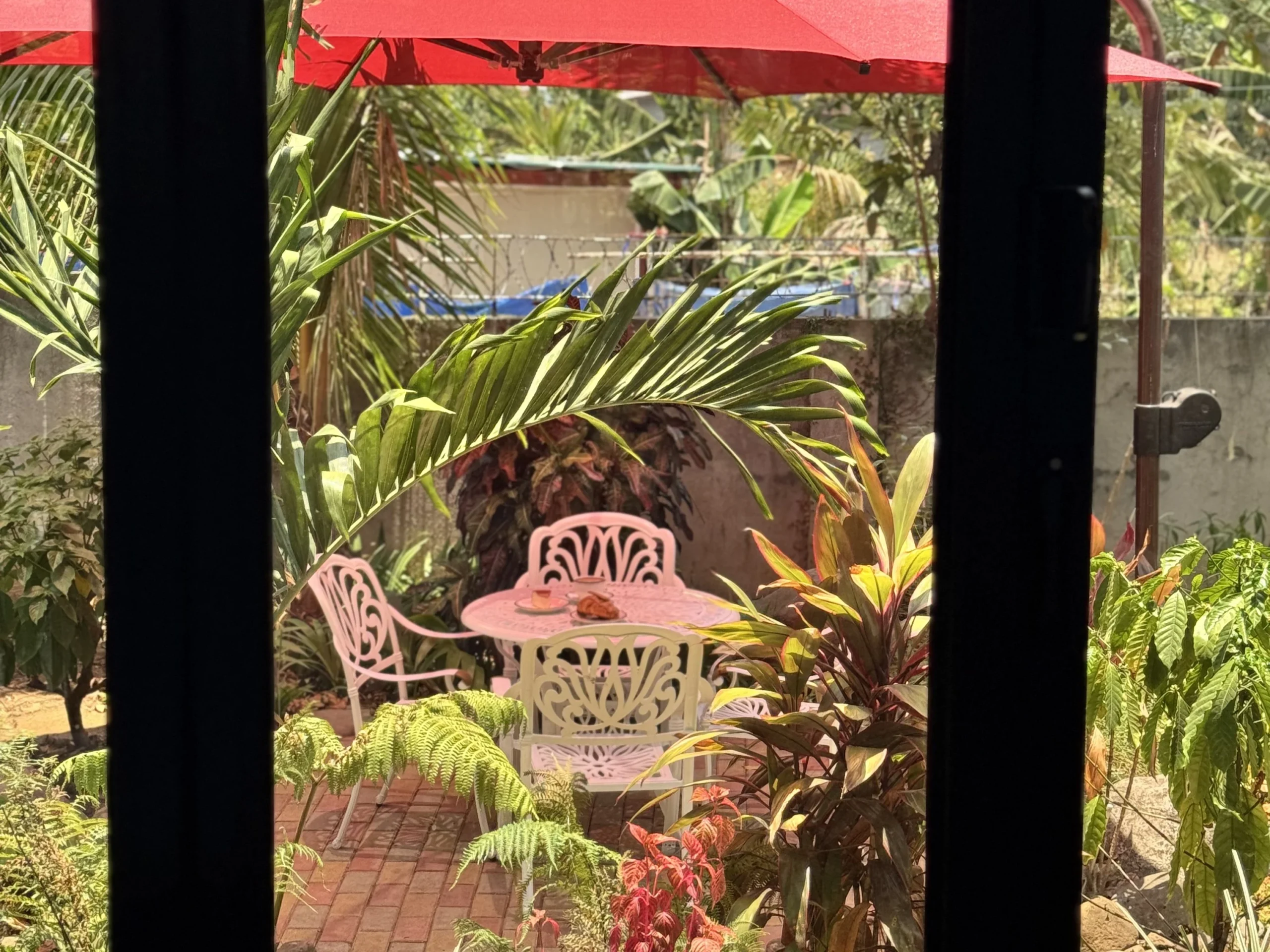 Garden seating at an outdoor cafe in Cavite surrounded by tropical plants